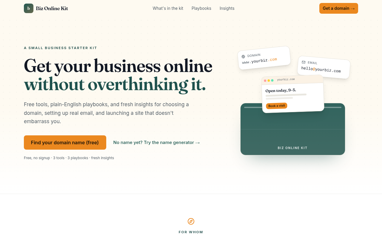 The bizonlinekit.com homepage on a desktop screen, with four problems circled